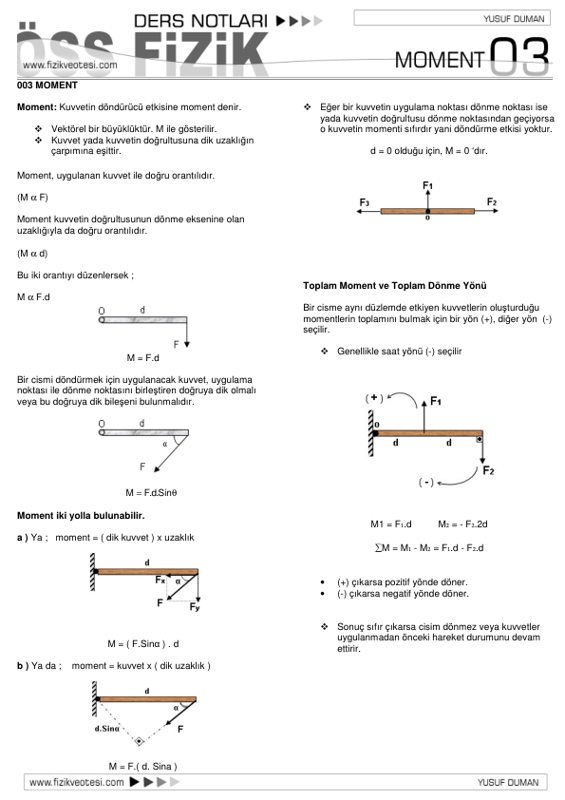 03 Moment Fizik Ders Notları Pdf