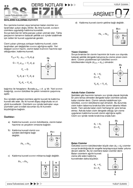 Arşimet Prensibi: Kaldırma Kuvveti Ders Notları (PDF)
