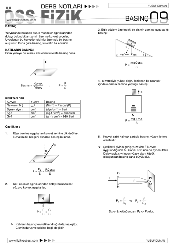 9. Sınıf Basınç Fizik Ders Notları