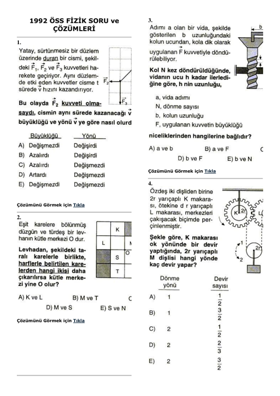 1992 ÖSS Fizik Çözümleri
