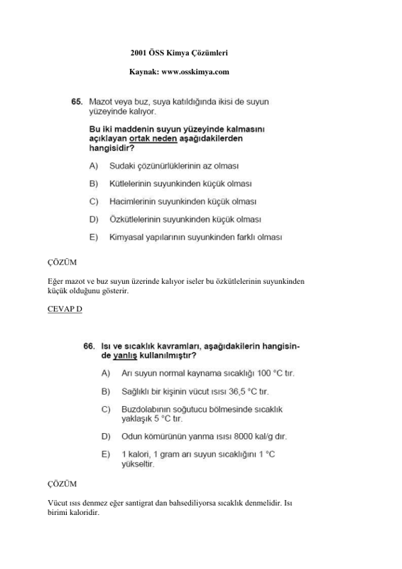 2001 ÖSS Kimya Soru ve Çözümleri
