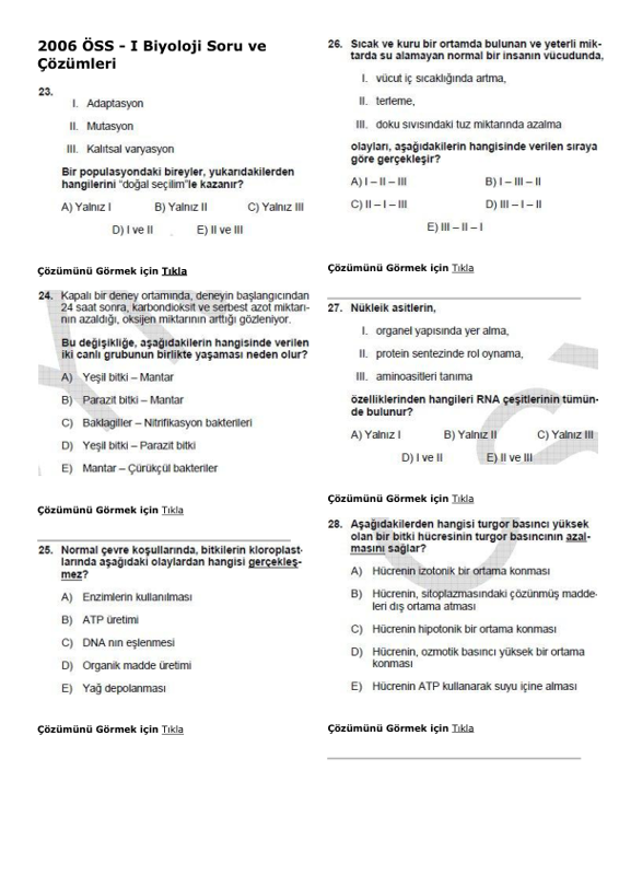 2006 Oss Biyoloji Soru Ve Çözümleri