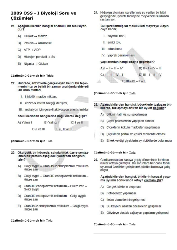 2009 ÖSS Biyoloji Soru ve Çözümleri