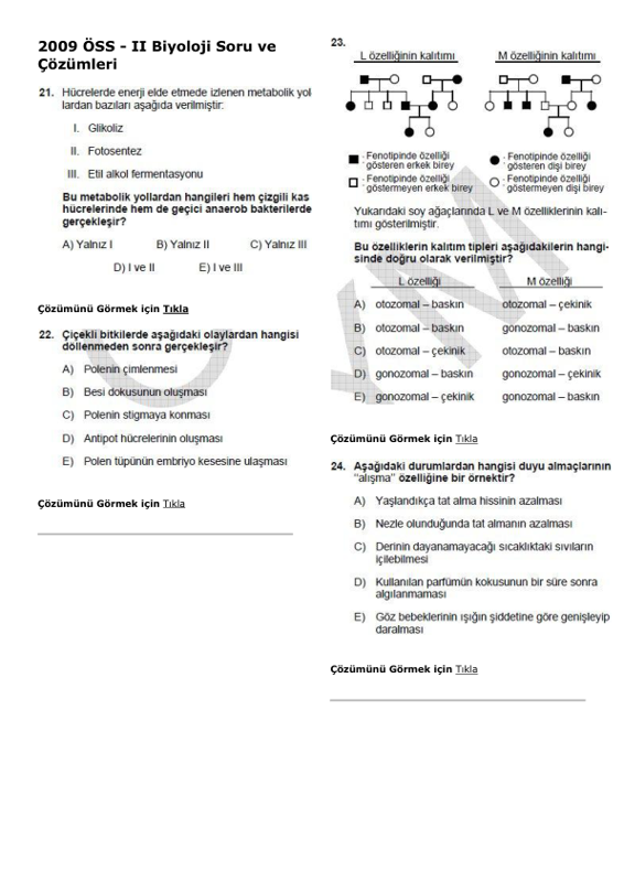 2009 ÖSS Biyoloji Soru ve Çözümleri
