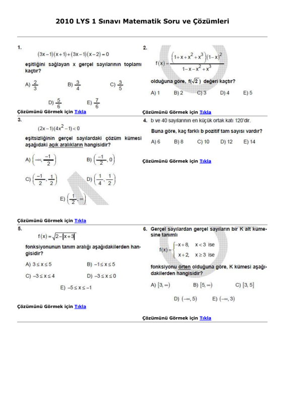 2010 LYS-1 Matematik Soru ve Çözümleri