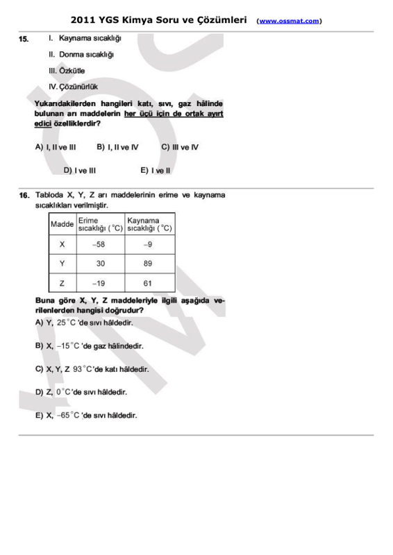 2011 YGS Kimya Soru Bankası