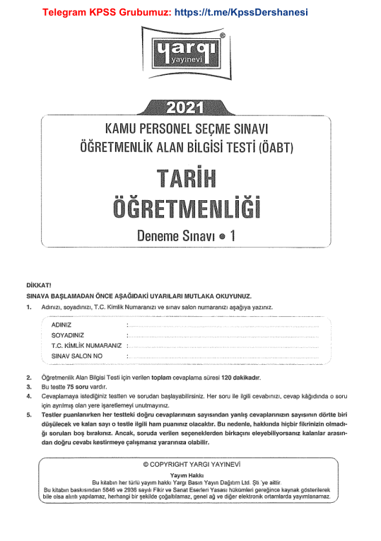 2021 Yargı Yayınları Tarih ÖABT TG1 Soru Bankası