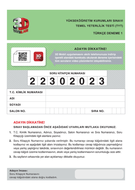 2023 3D TYT Türkçe 10'lu Simülasyon Denemeleri