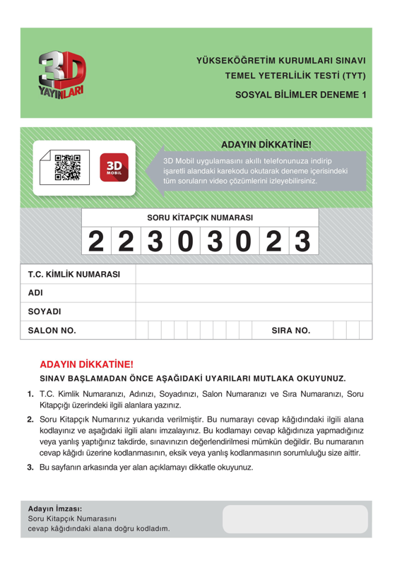 3D TYT Sosyal Bilgiler Deneme 2023