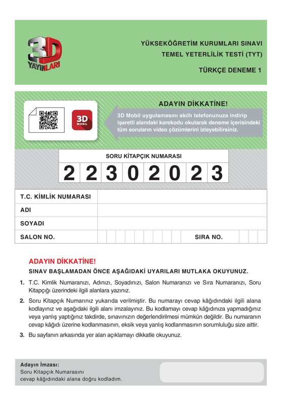 3D TYT Türkçe 10'lu Simülasyon Denemeleri 2023