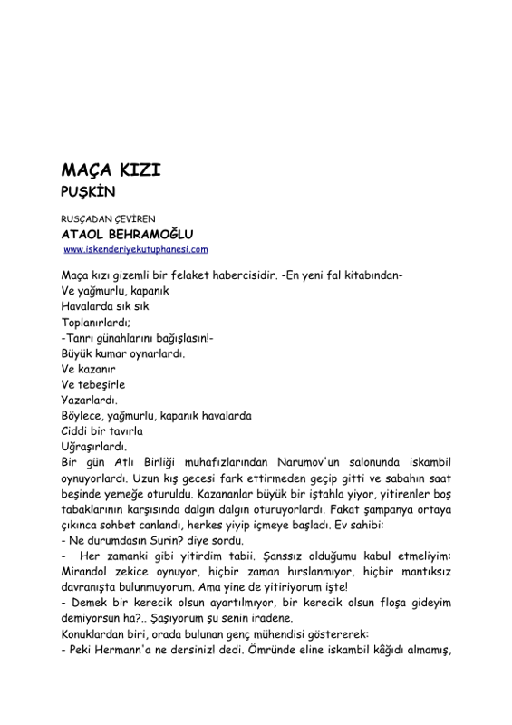 Maça Kızı: Rus Edebiyatında Bir Klasik