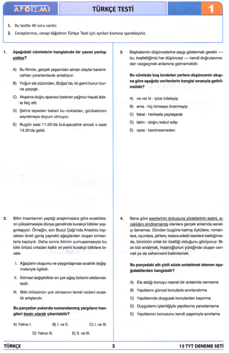 Apotemi TYT Türkçe Deneme Sınavları