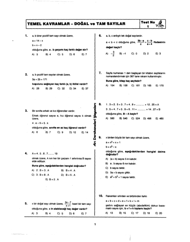 Arı Yayınları Matematik 1 Soru Bankası