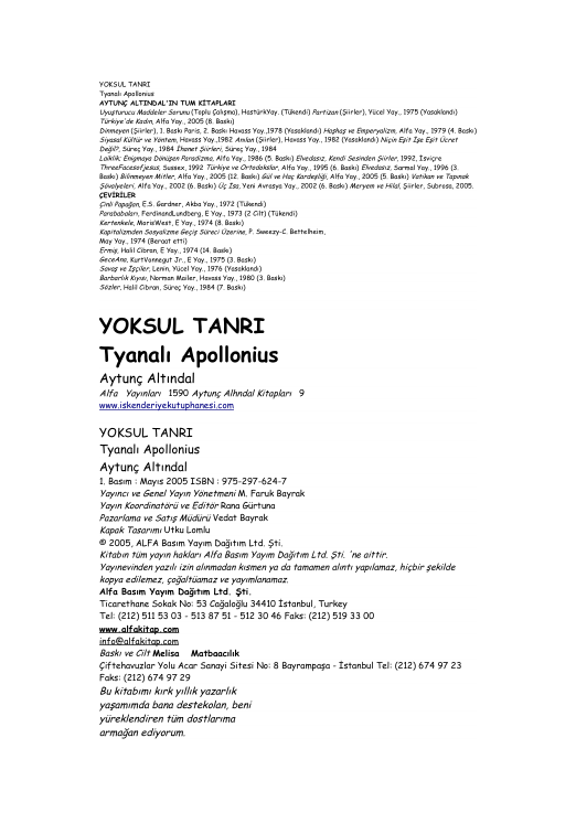 Aytuğ Altındal Yoksul Tanrı Tyanalı Apollonius