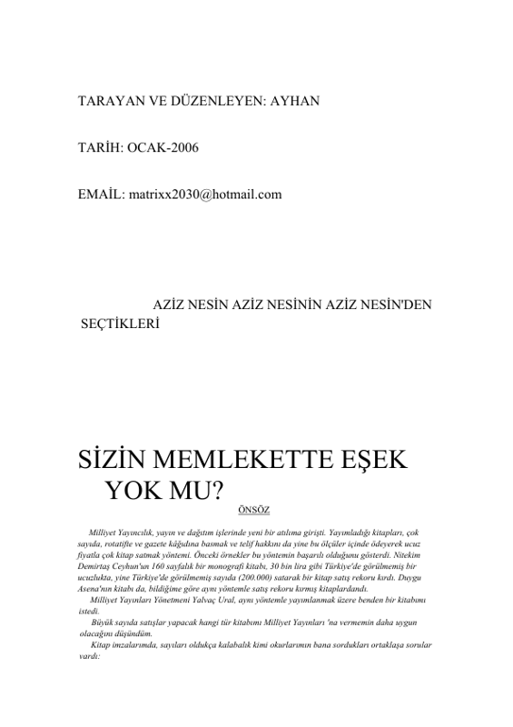 Aziz Nesin Sizin Memlekette Eşek Yok Mu