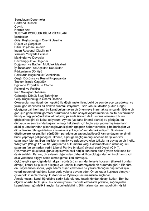 Sorgulayan Denemeler: Bertrand Russell'dan Eleştirel Düşünceye Giriş