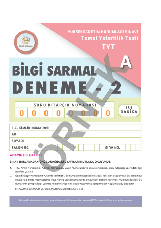 Bilgi Sarmal Yayınları TYT Genel Deneme 3. Nesil
