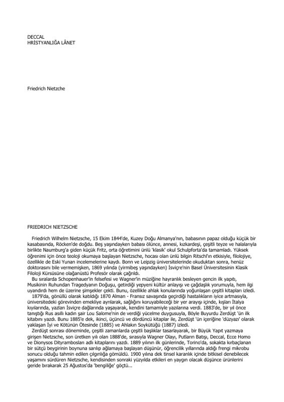 Friedrich Wilhelm Nietzsche Deccal Hristiyanlığa Lanet