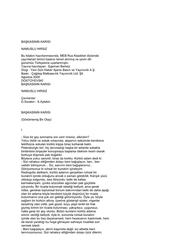 Fyodor Mihayloviç Dostoyevski Başkasının Karısı