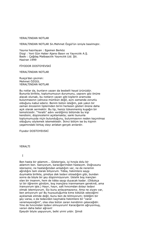 Yeraltından Notlar - Fyodor Mihayloviç Dostoyevski
