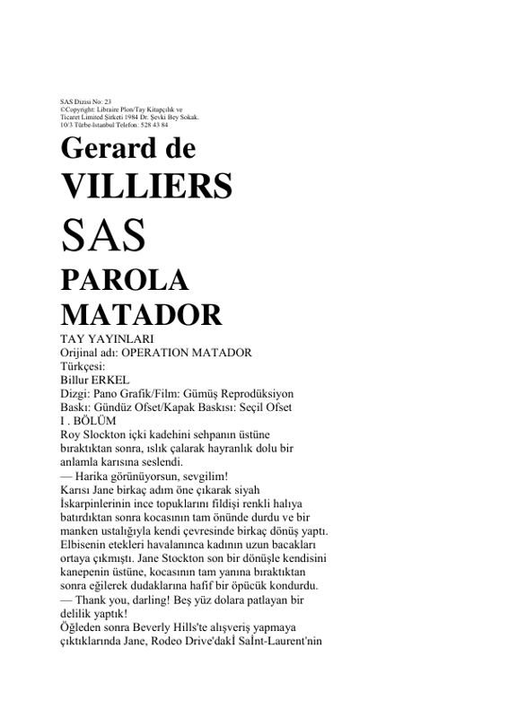 Gerard De Villiers Parola Matador