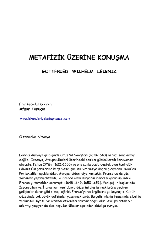 Gottfried Wilhelm Leibniz Metafizik Üzerine Konuşma