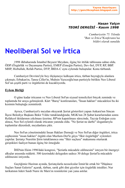 Hasan Yalçın: Neoliberal Sol ve İrtica