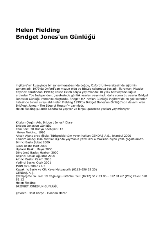 Helen Fielding Bridget Jones'un Günlüğü