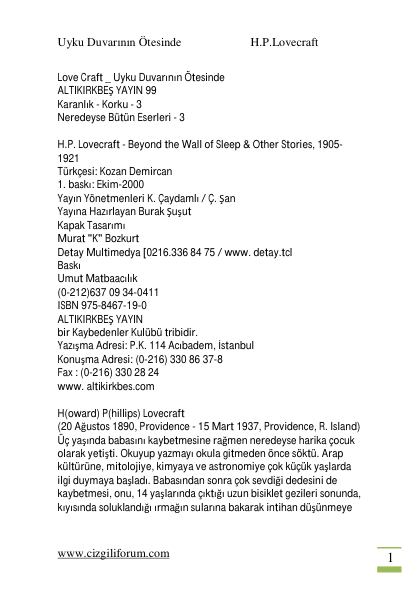 Howard Phillips Lovecraft Uyku Duvarının Ötesinde