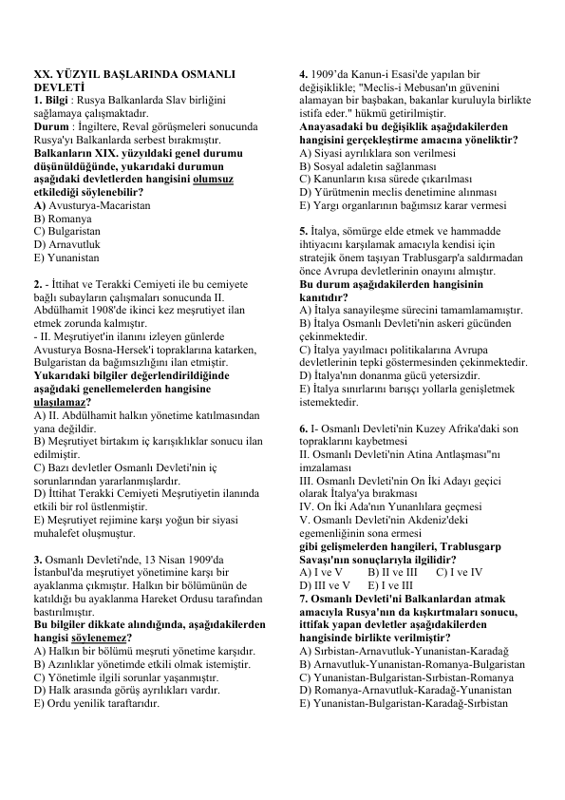 T.C. İnkılap Tarihi ve Atatürkçülük Test Soruları