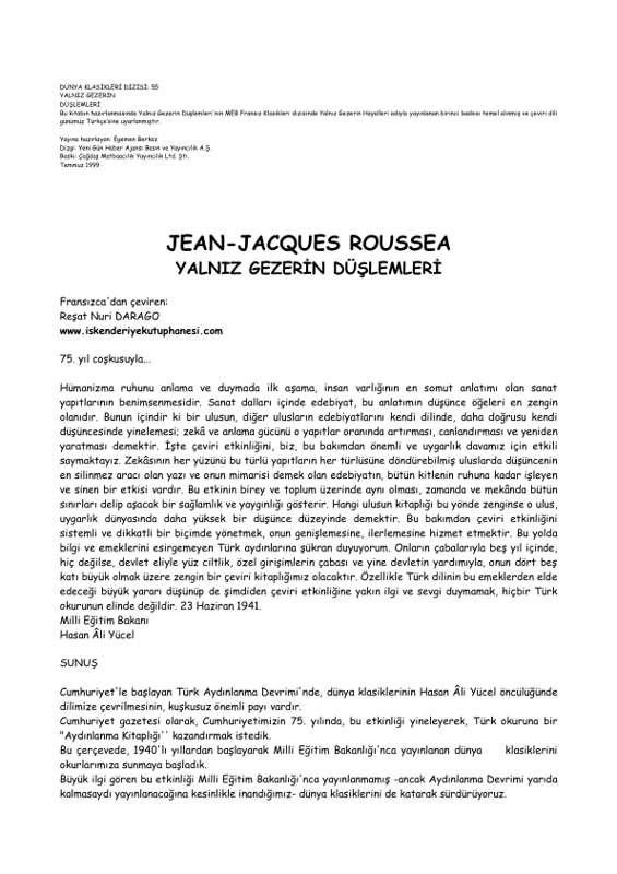 Jean-Jacques Rousseau - Yalnız Gezerin Düşlemleri: Otobiyografik Denemeler