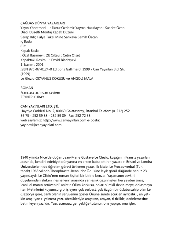 Jean Marie Gustave Le Clezio Okyanus Kokusu Ve Angoli Mala