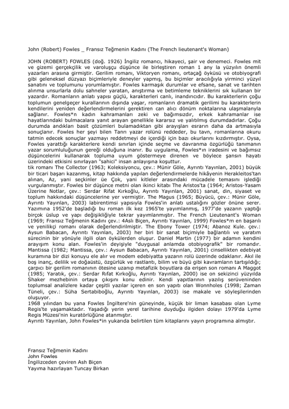 John Robert Fowles Fransız Teğmenin Kadını