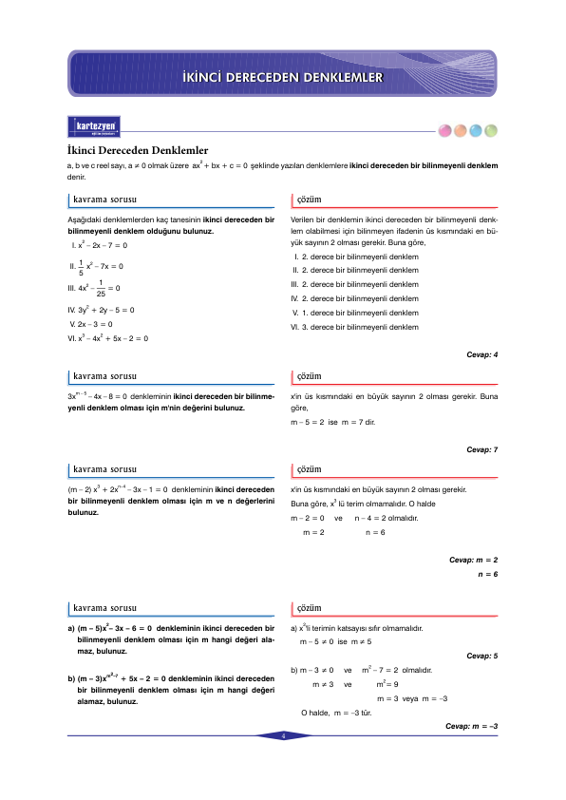 Kartezyen Matematik 2. Dereceden Denklemler