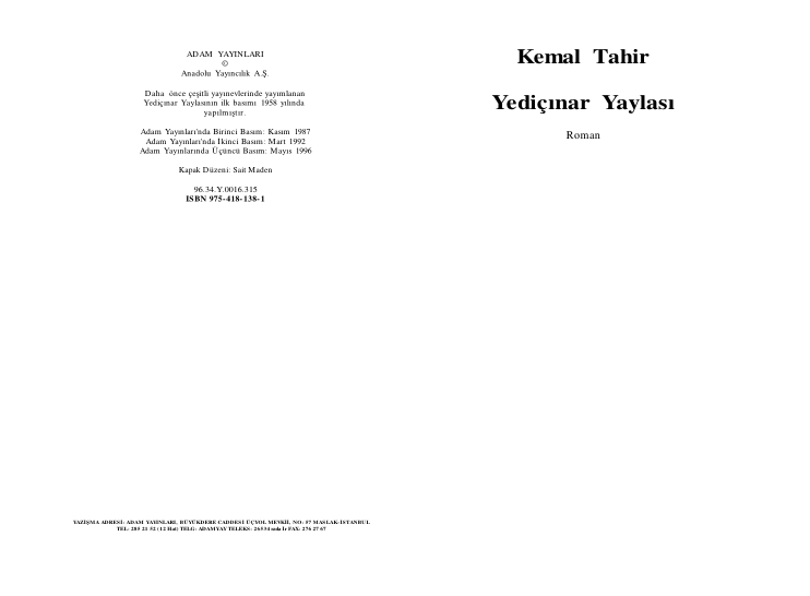Kemal Tahir Yedi Çınar Yaylası