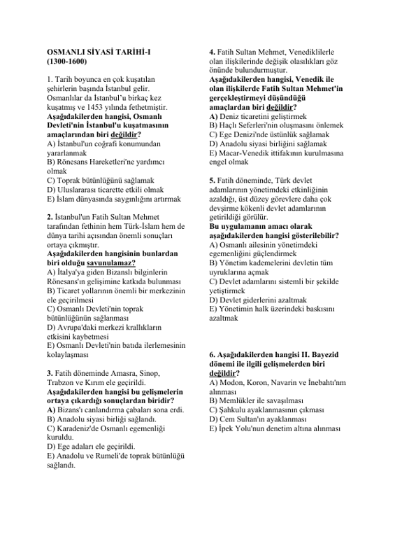 Tarih Yaprak Testleri: Soru 21-40