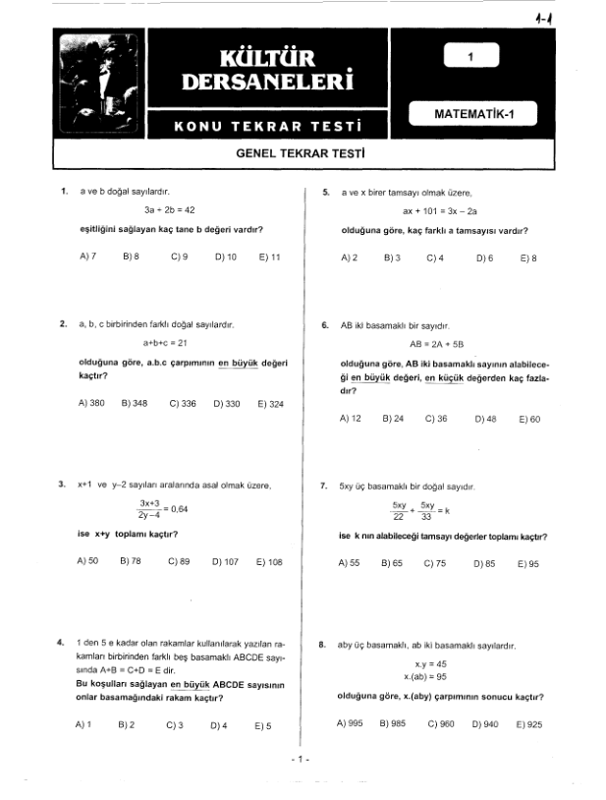 Kültür Mat 1 Genel Tekrar Testi