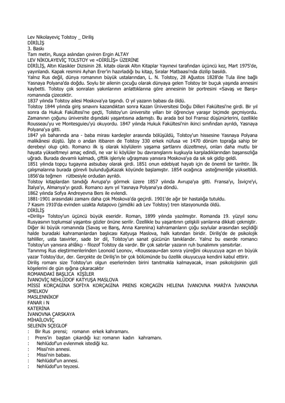 Lev Nikolayevic Tolstoy Diriliş