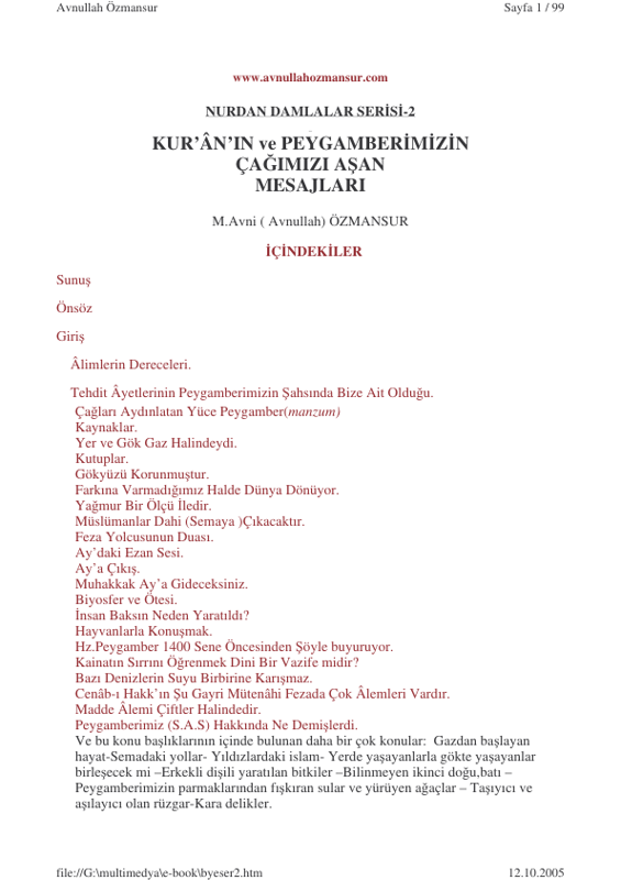 M. Avni Özmansur Kuran'ın Ve Peygamberimizin Çağımızı Aşan Mesajları