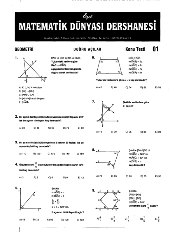 Matematik Dünyası Dershanesi Geo Yaprak Test Bir Elli İki