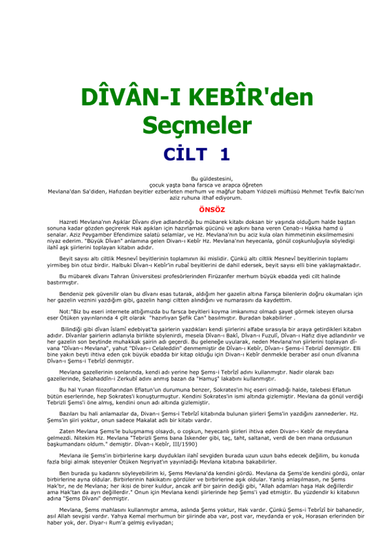 Mevlânâ Celâleddin Rûmî - Dîvân-ı Kebîr'den Seçmeler (Cilt 1)