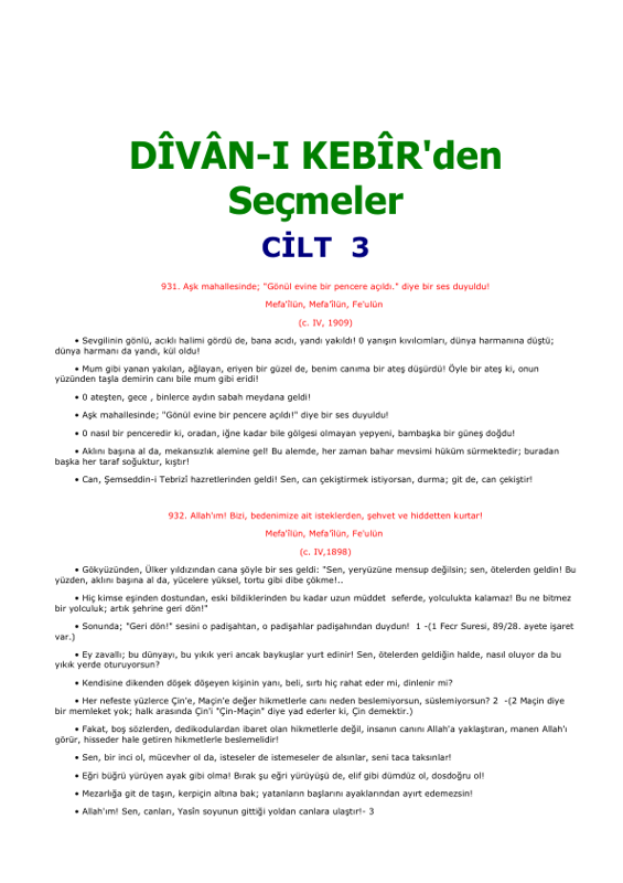 Mevlana Celaleddin Rumi - Divan-ı Kebir'den Seçmeler (3. Cilt)