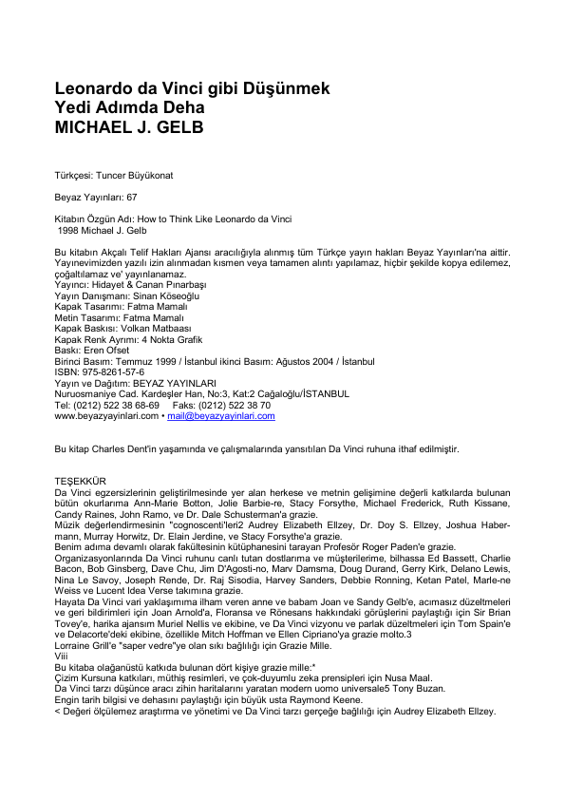Michael J. Gelb Leonardo Da Vinci Gibi Düşünmek
