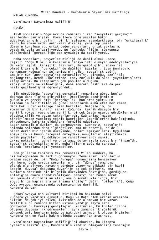 Milan Kundera Var Olmanın Dayanılmaz Hafifliği