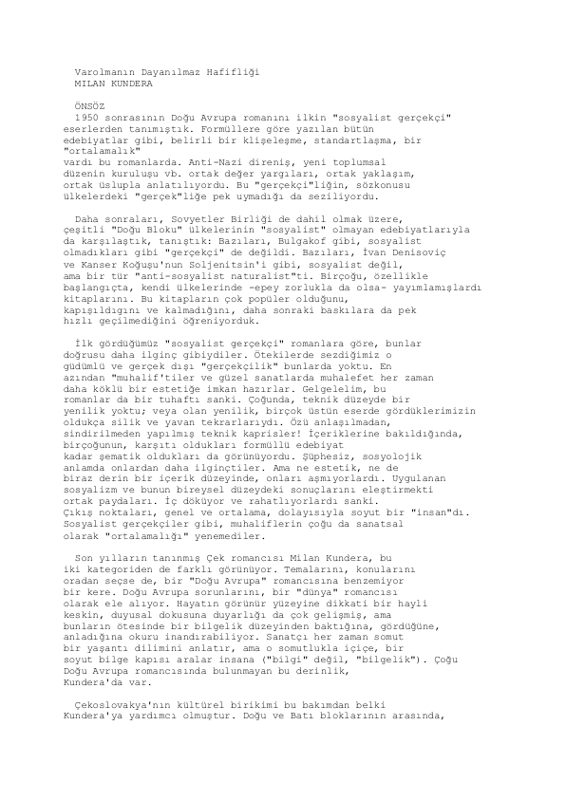 Milan Kundera - Varolmanın Dayanılmaz Hafifliği