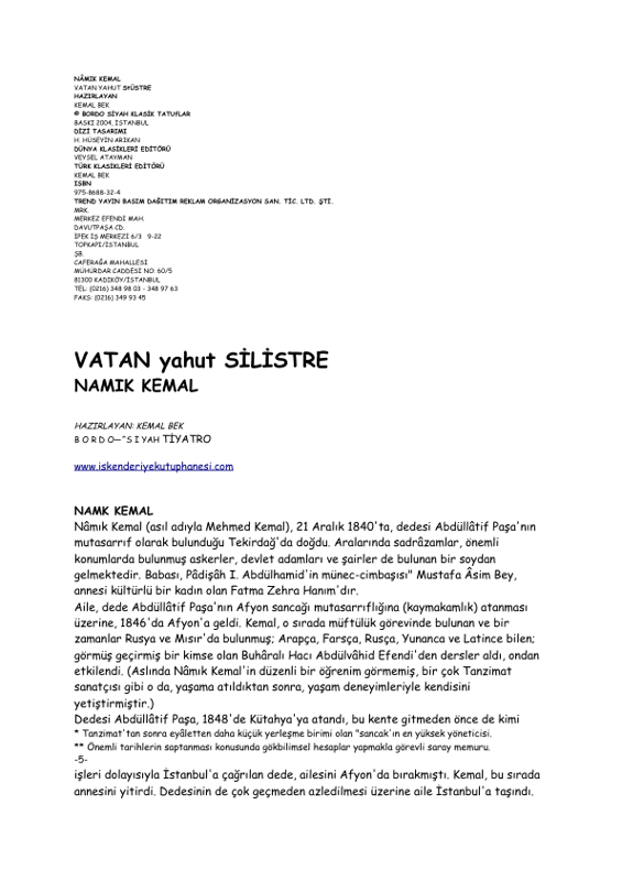 Vatan Yahut Silistre - Namık Kemal