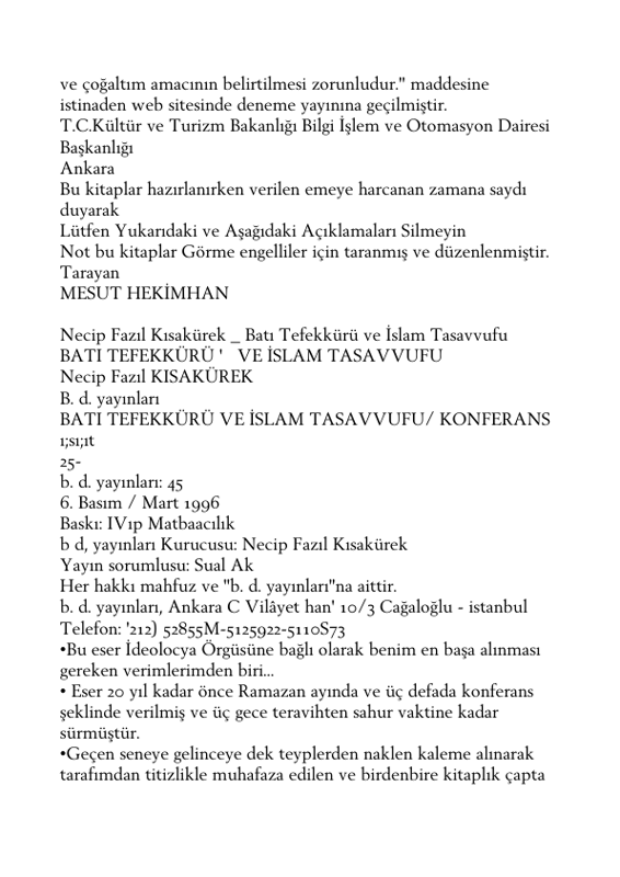 Necip Fazıl Kısakürek Batı Tefekkürü Ve İslam Tasavvufu