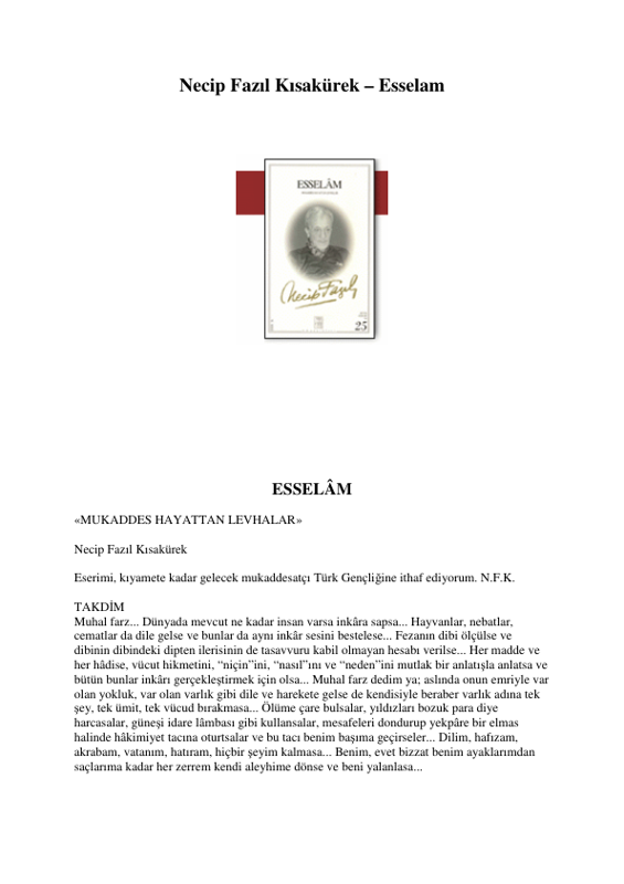 Necip Fazıl Kısakürek Esselâm
