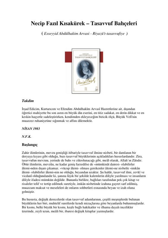 Necip Fazıl Kısakürek Tasavvuf Bahçeleri