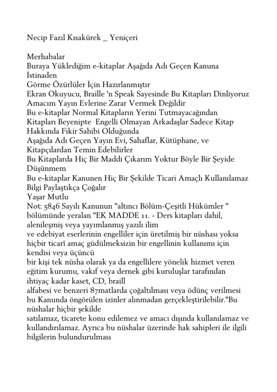 Necip Fazıl Kısakürek Yeniceri